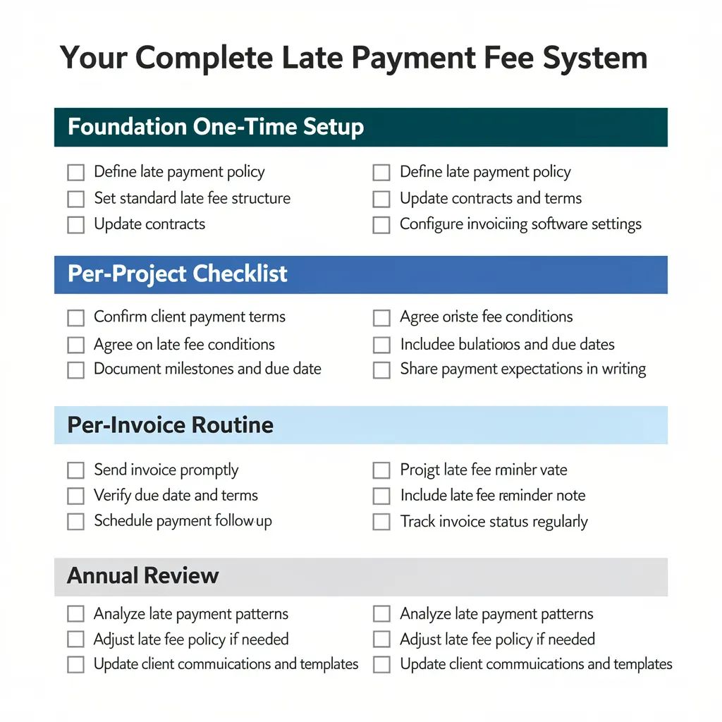 Four-section checklist infographic for building a complete freelancer late payment fee system covering foundation setup, per-project, per-invoice, and annual review tasks