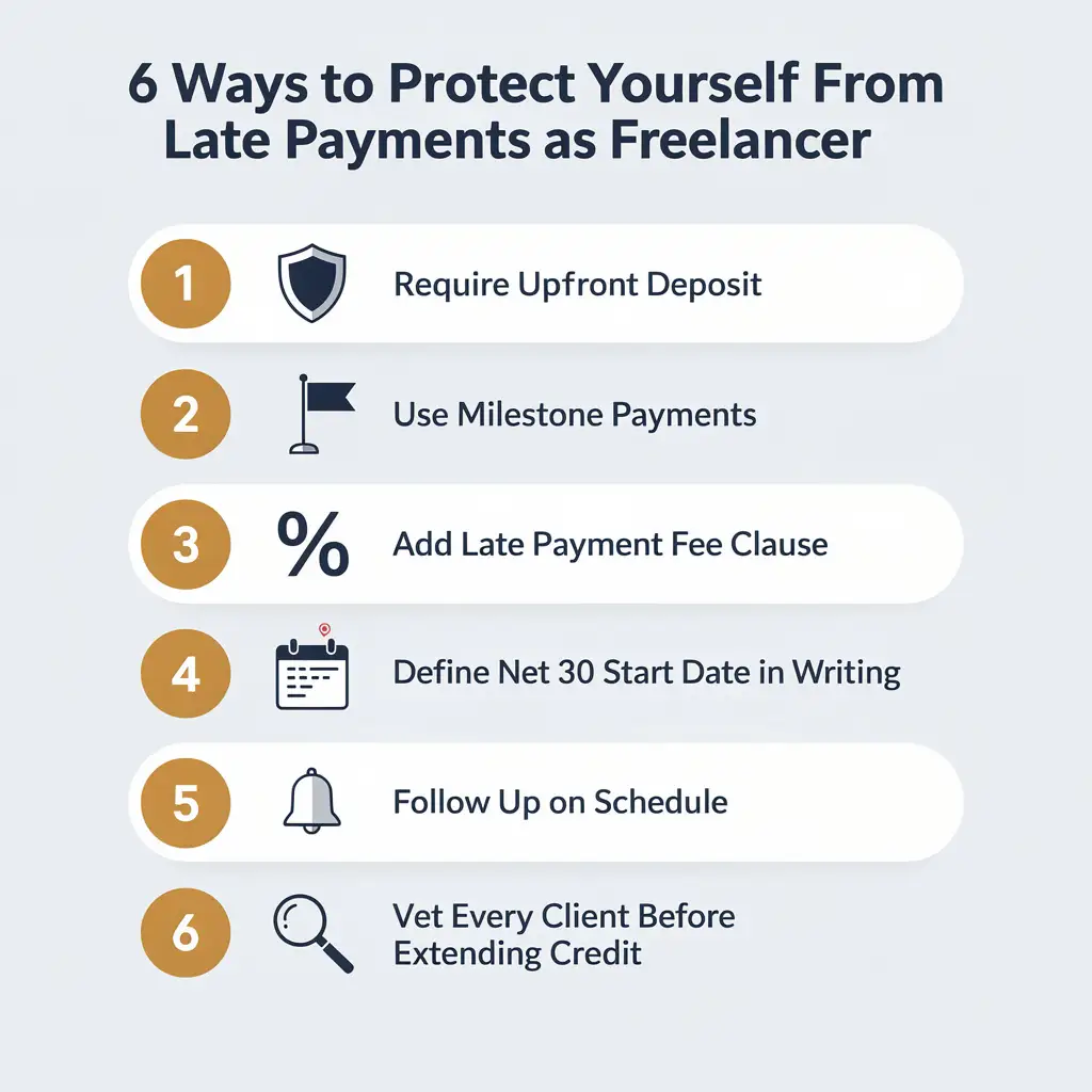 Infographic checklist showing 6 strategies freelancers can use to protect themselves from late net 30 payments