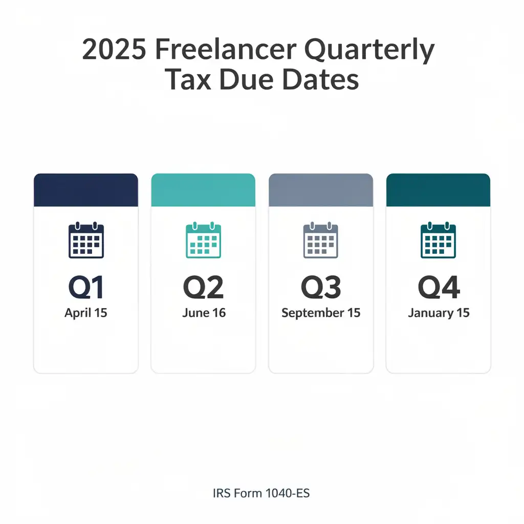 Calendar infographic showing 2025 quarterly estimated tax due dates for freelancers: Q1 April 15, Q2 June 16, Q3 September 15, Q4 January 15
