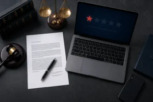 Freelancer Defamation Legal Guide — False Client Review Legal document and one-star review on laptop screen representing a freelancer facing client defamation from a false review