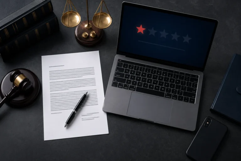 Legal document and one-star review on laptop screen representing a freelancer facing client defamation from a false review