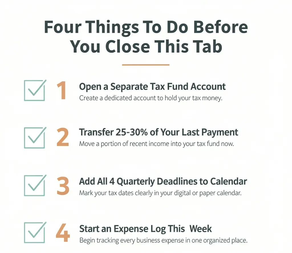 Checklist infographic showing four immediate action steps for beginner freelancers to get their taxes organized including opening a tax fund account