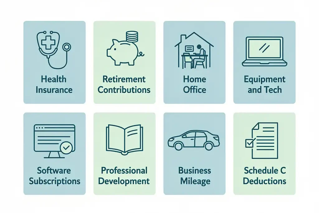 Infographic grid showing eight freelancer tax deduction categories including home office, equipment, health insurance, mileage, and retirement contributions