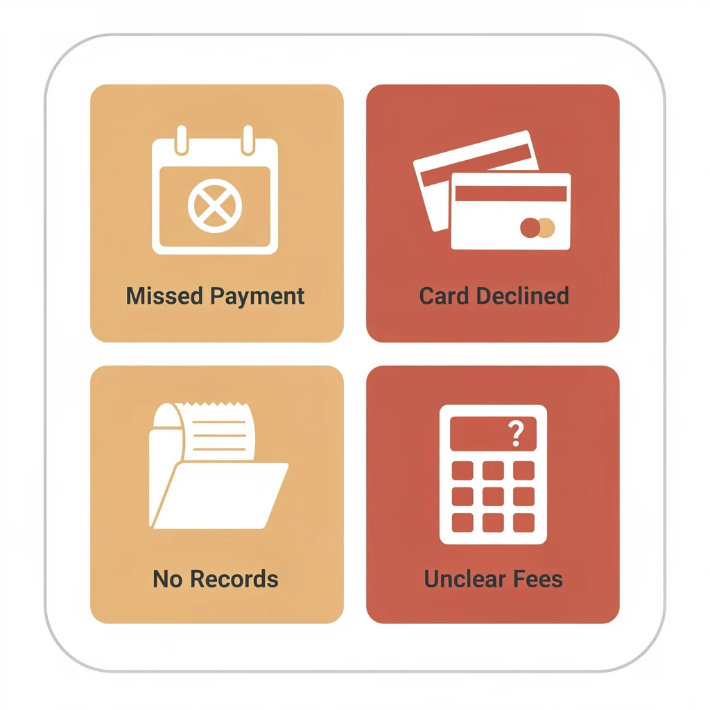 Illustration of four common freelancer tax mistakes including missing quarterly payments, mixing personal and business money, skipping expense tracking, and filing without a CPA