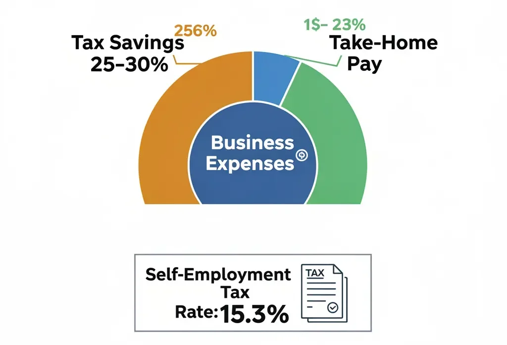 Infographic showing freelancer income allocation with 25 to 30 percent set aside for taxes in a separate bank account and the 15.3 percent self employment tax rate