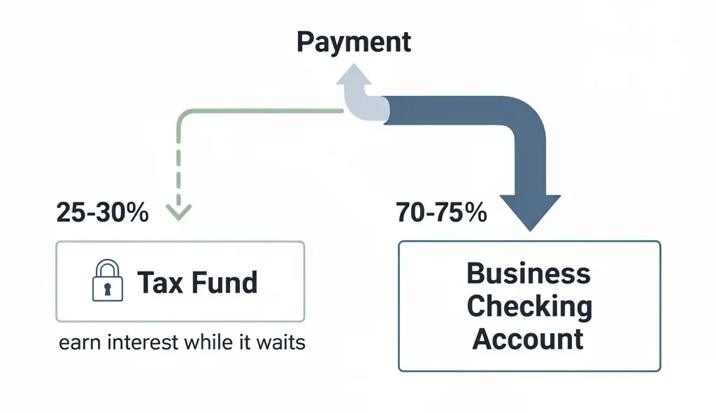 Flow diagram showing freelancers should transfer 25 to 30 percent of each payment into a separate tax fund savings account