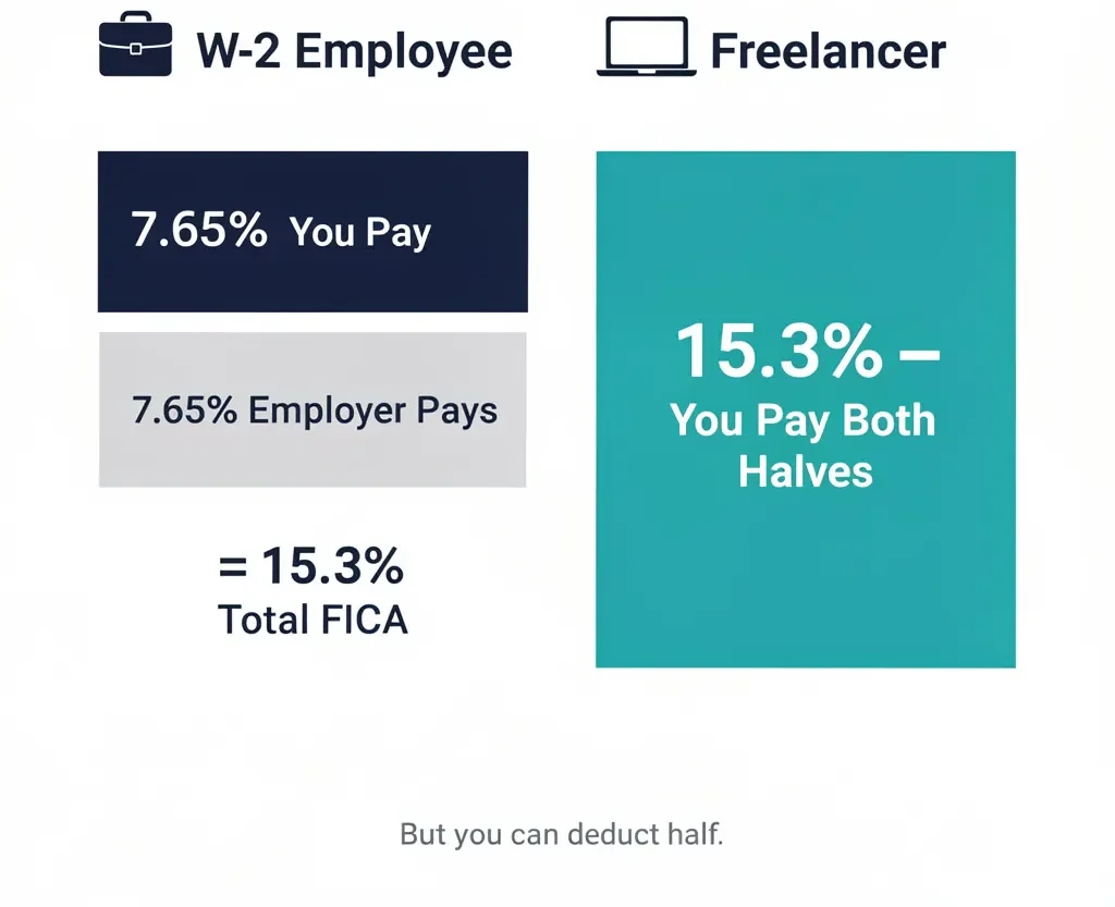 Infographic comparing self employment tax burden showing freelancers pay 15.3% while W-2 employees only pay 7.65% because employers cover the other half