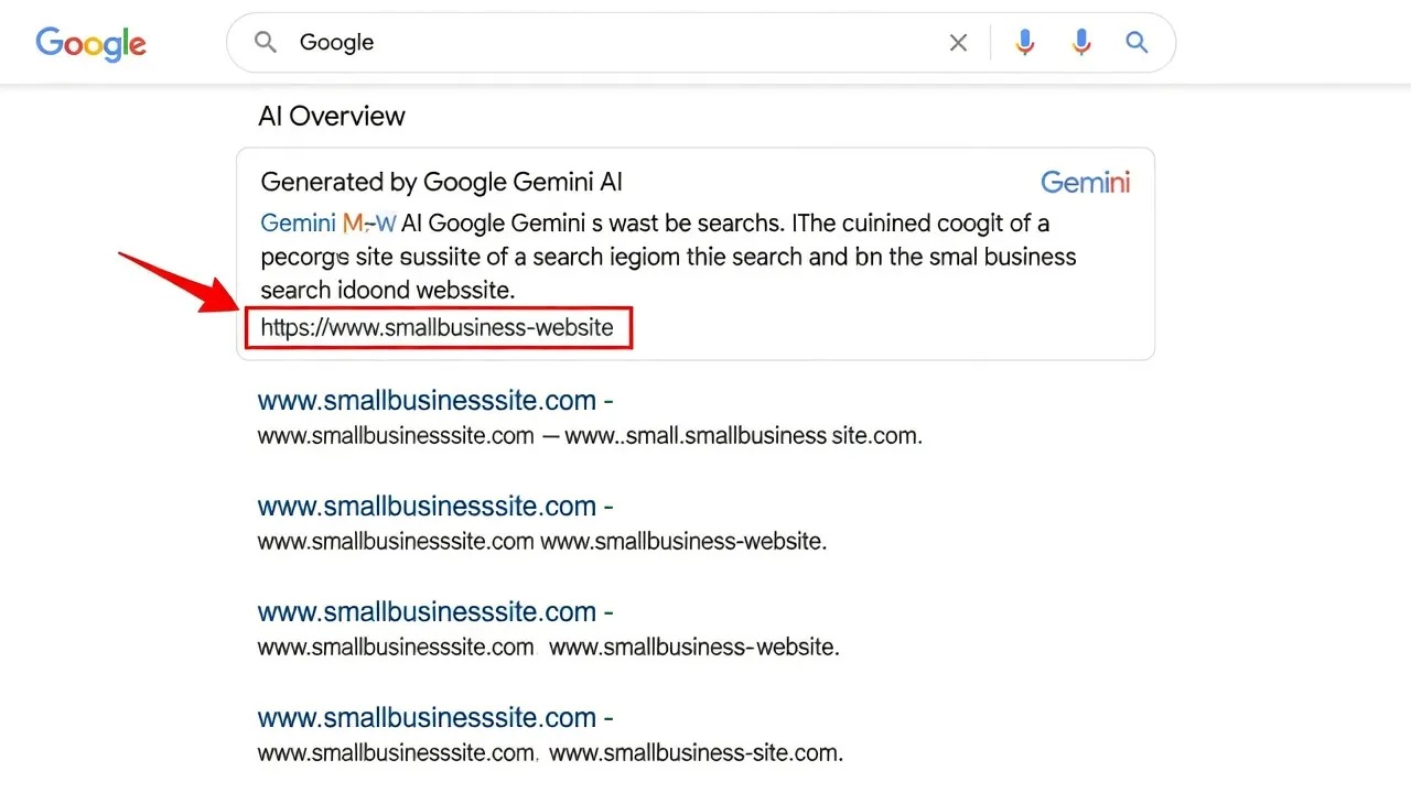 Screenshot of Google search results showing AI Overview with citation from small business website, demonstrating how small businesses can appear in AI-powered search results alongside larger brands.
content marketing tips for small businesses