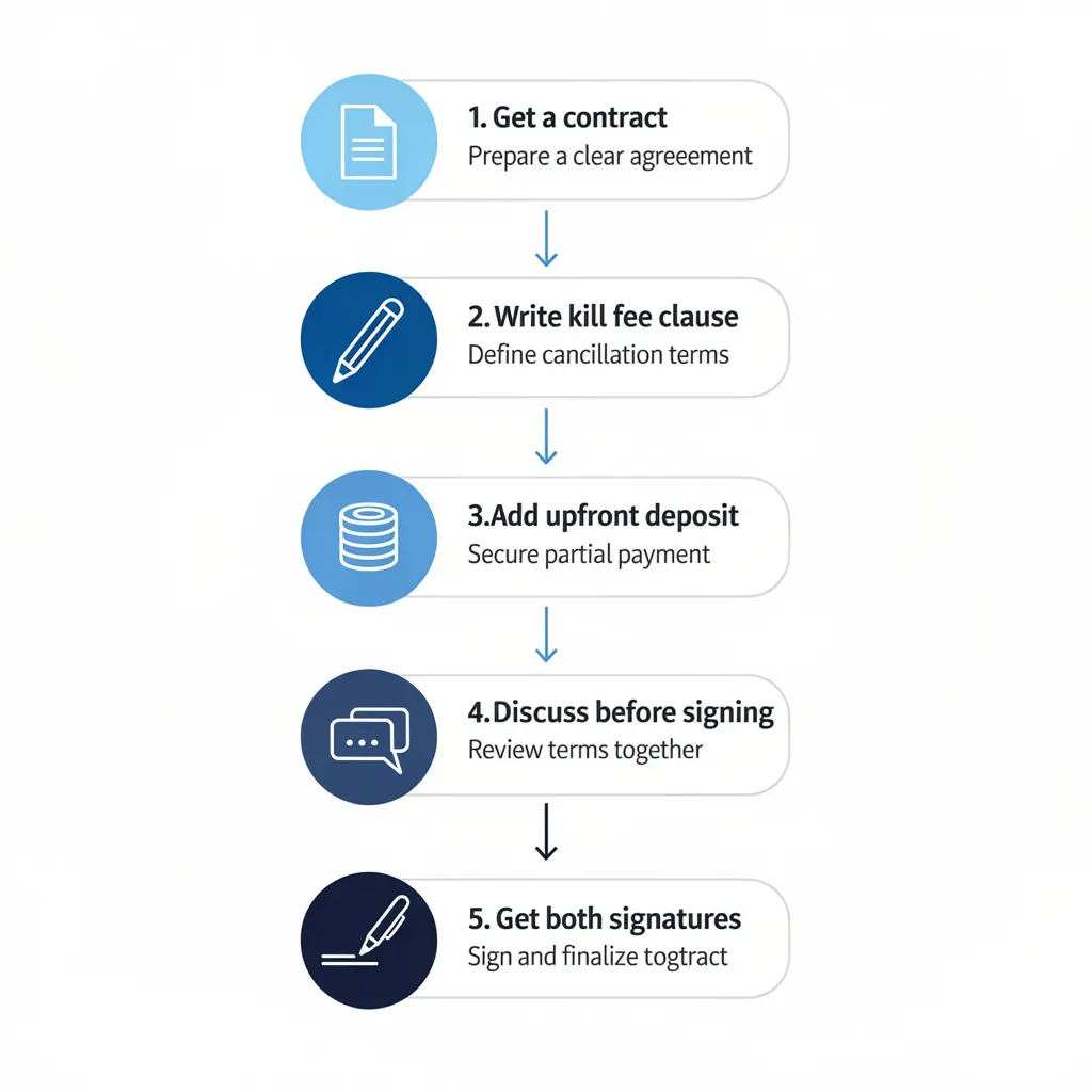 Five step flowchart showing how to add a kill fee clause to a freelance contract, from getting a contract to getting both signatures
