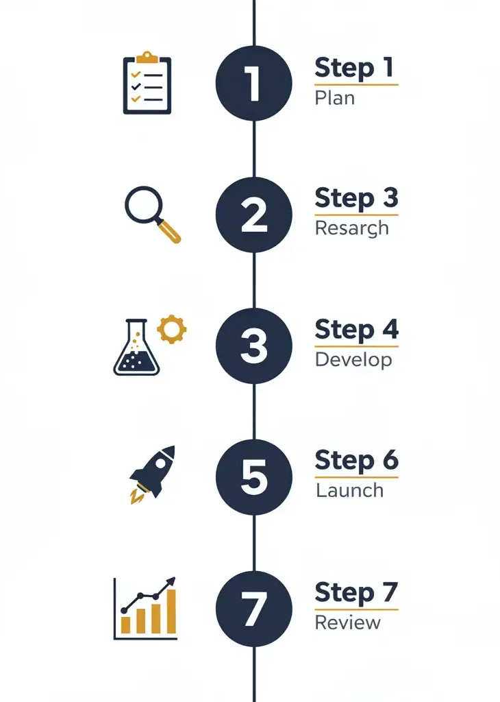 Seven-step process diagram showing how freelancers can add a liquidated damages clause to their contracts, from auditing existing agreements to explaining clauses to clients