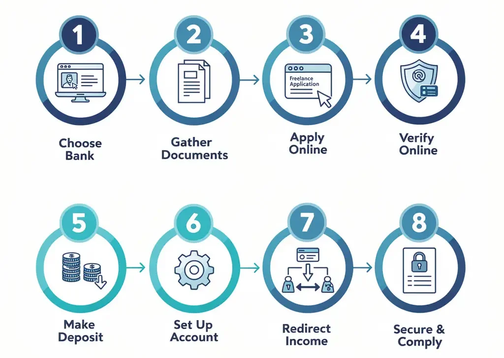 Eight step process diagram showing how to open a separate bank account for a freelance business from choosing an account to committing to separation rules