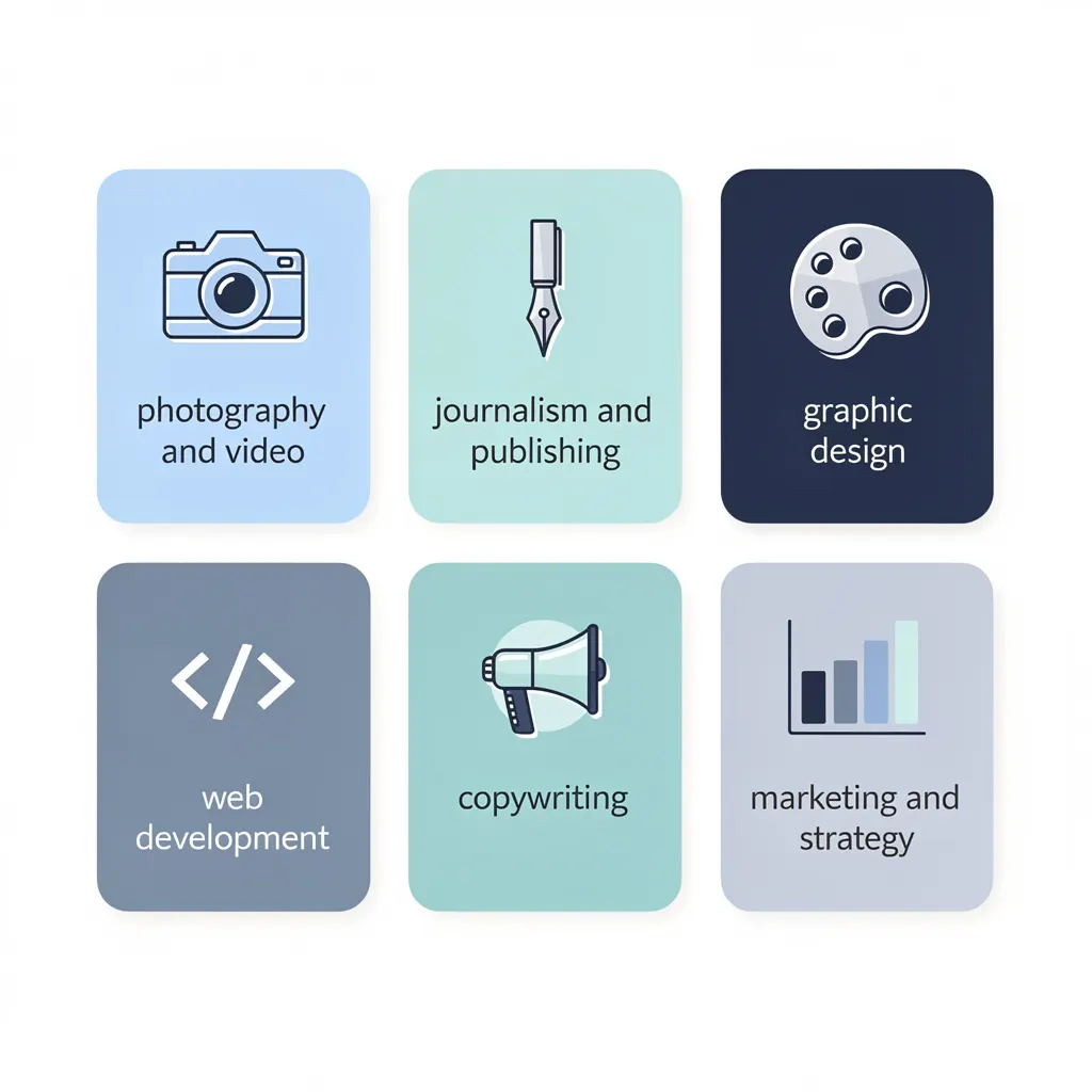 Icon grid infographic showing six freelance industries that use kill fees including photography, journalism, graphic design, web development, copywriting, and marketing