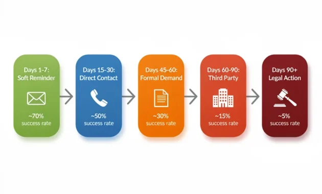 Five-stage invoice collection escalation flowchart showing timeline
from day one to over 90 days with recommended actions and success rates