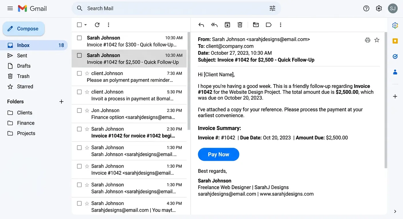 Screenshot of professional payment reminder email with invoice
details, amount, and Pay Now button