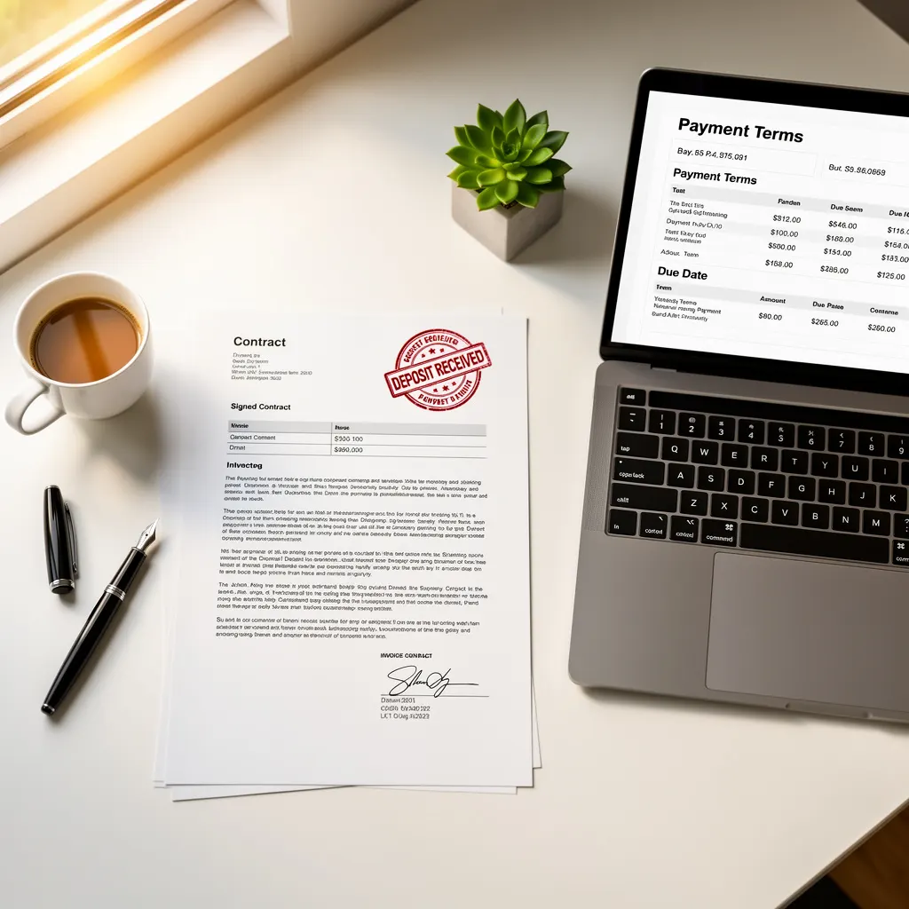 Business desk showing signed contract, deposit invoice, and laptop
with payment terms displayed