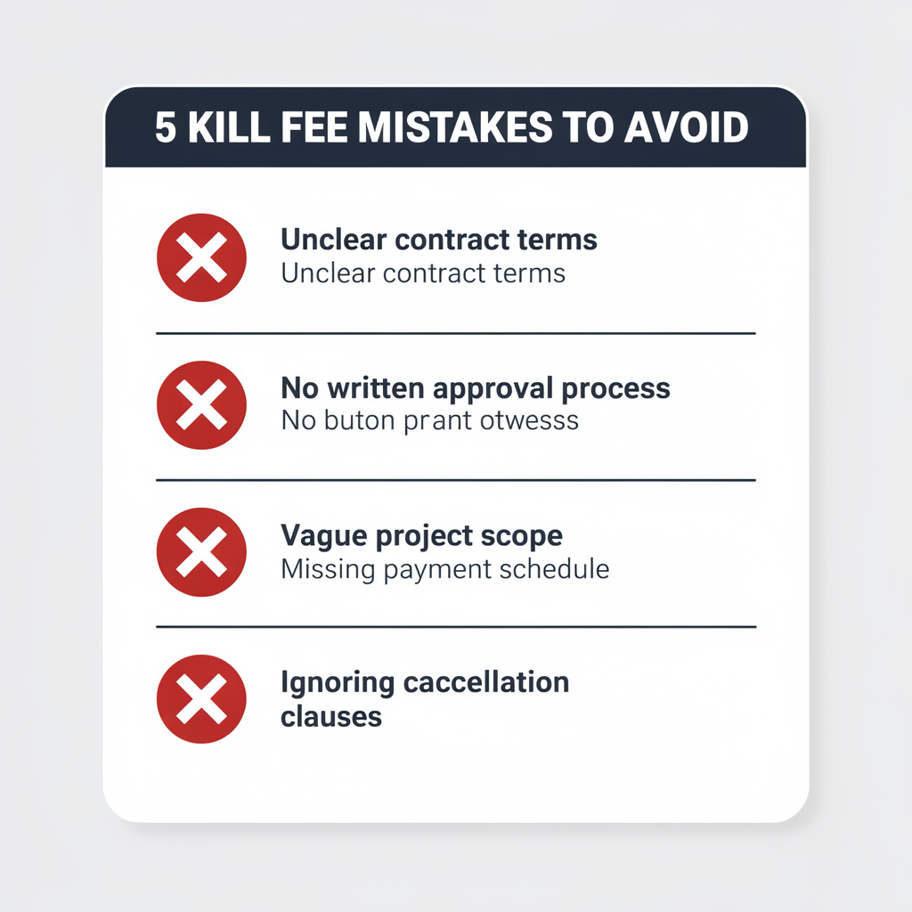 Warning checklist infographic listing five common kill fee mistakes freelancers make including setting rates too low and writing vague contract trigger conditions