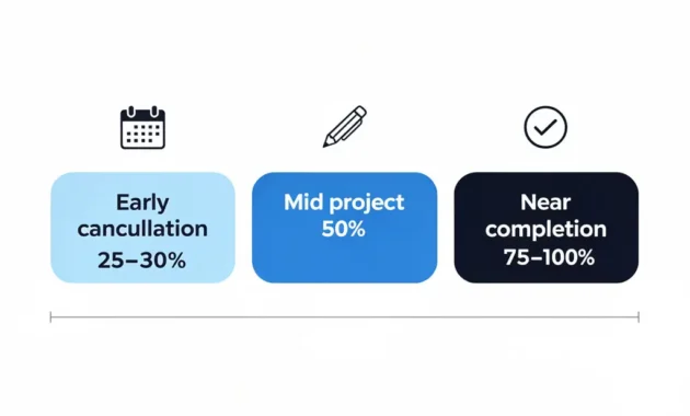 Infographic chart showing kill fee freelance percentage tiers: 25 to 30 percent early cancellation, 50 percent mid-project, 75 to 100 percent near completion