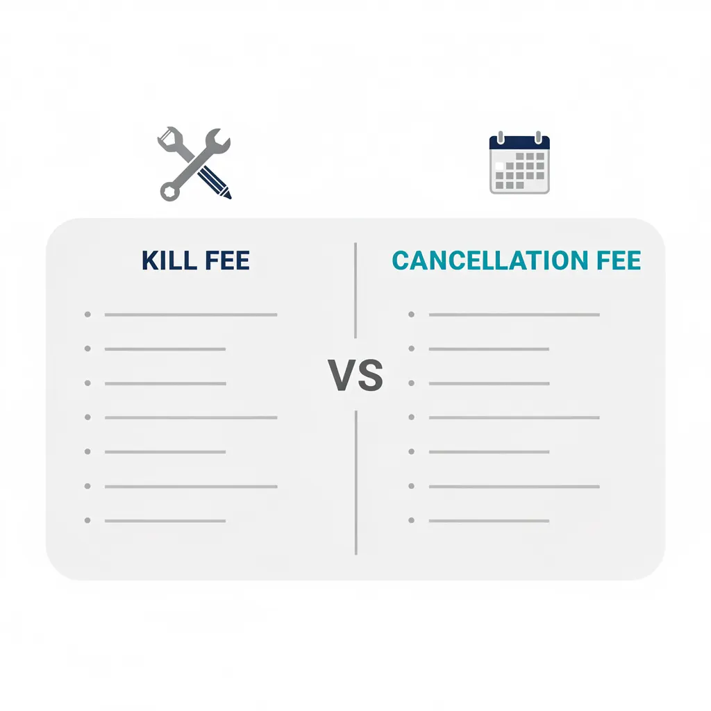 Side by side comparison infographic showing the difference between a kill fee and a cancellation fee in freelance contracts