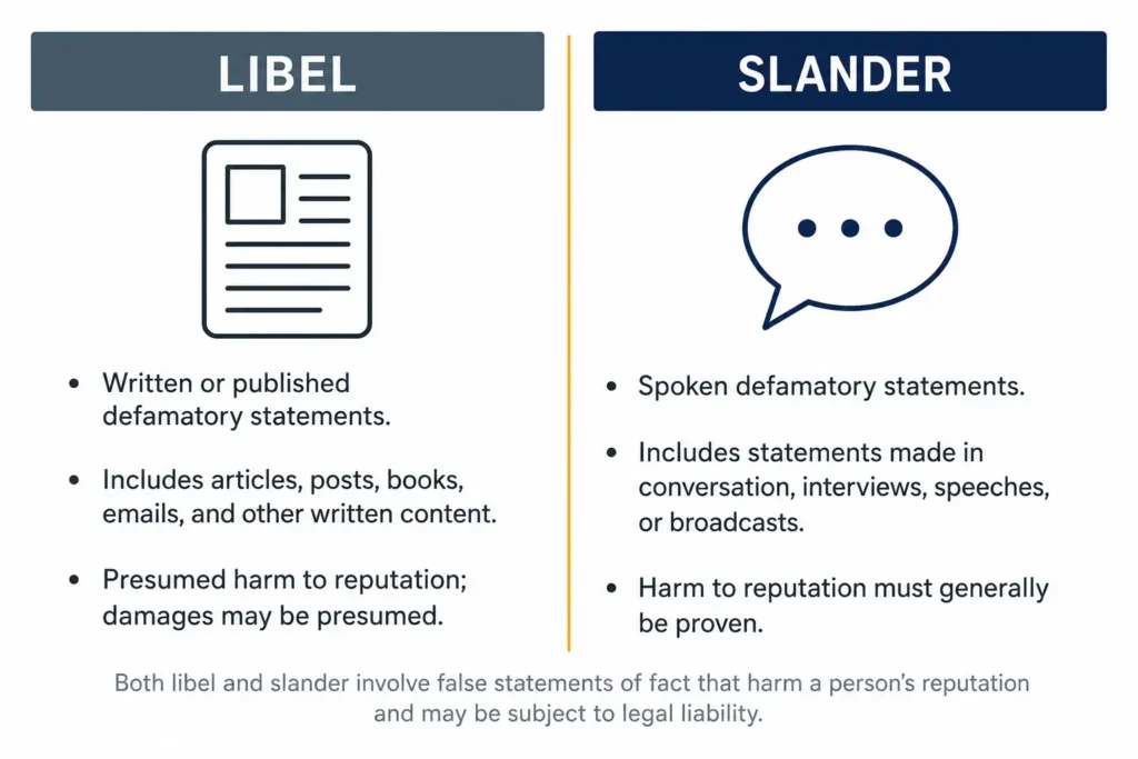 Two-column comparison infographic showing the difference between libel written defamation and slander spoken defamation for freelancers with examples of each