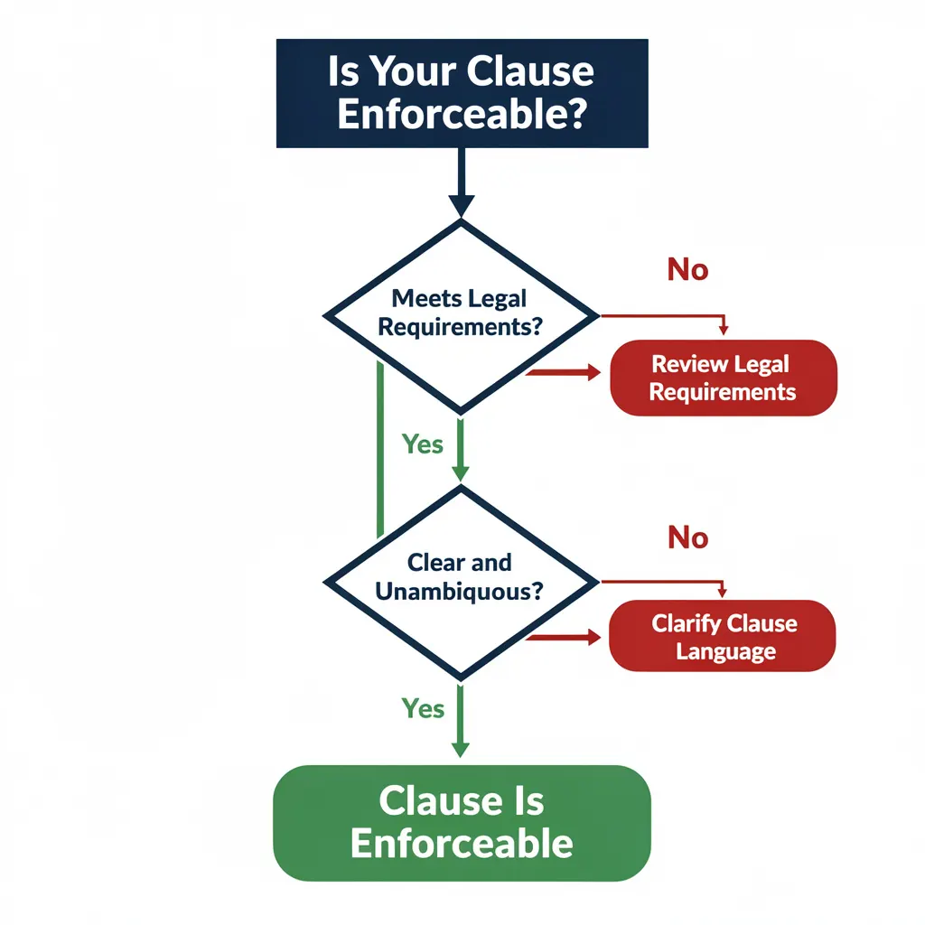 Flowchart showing the two-part enforceability test for a liquidated damages clause in a freelance contract, with yes and no decision paths leading to enforceable or unenforceable outcomes