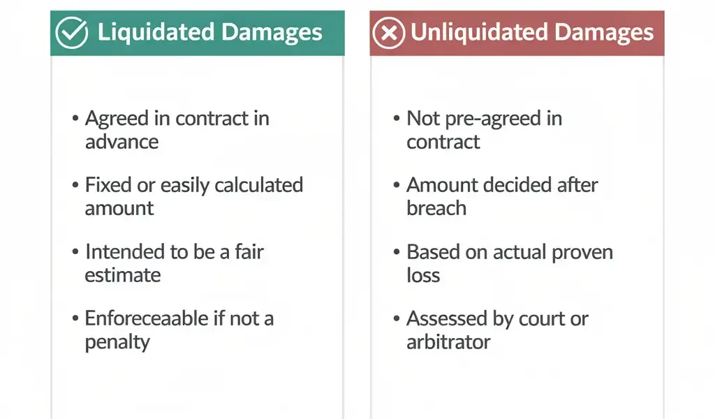 Comparison diagram showing liquidated damages with pre-agreed amounts versus unliquidated damages requiring court-proven losses in freelance contracts