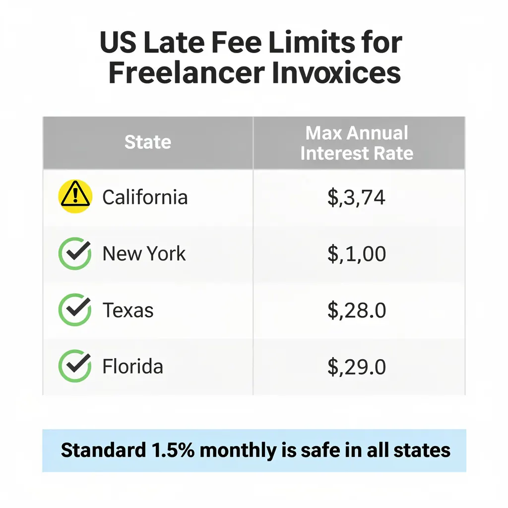 Table showing maximum late payment fee limits by US state for freelancer invoices — California 12%, New York 16%, Texas and Florida 18% annually