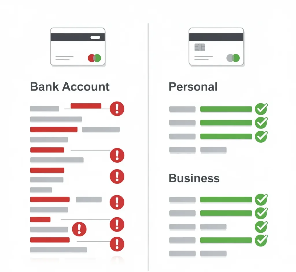 Infographic comparing a mixed personal and business bank account versus two separate accounts showing organized freelance business finances