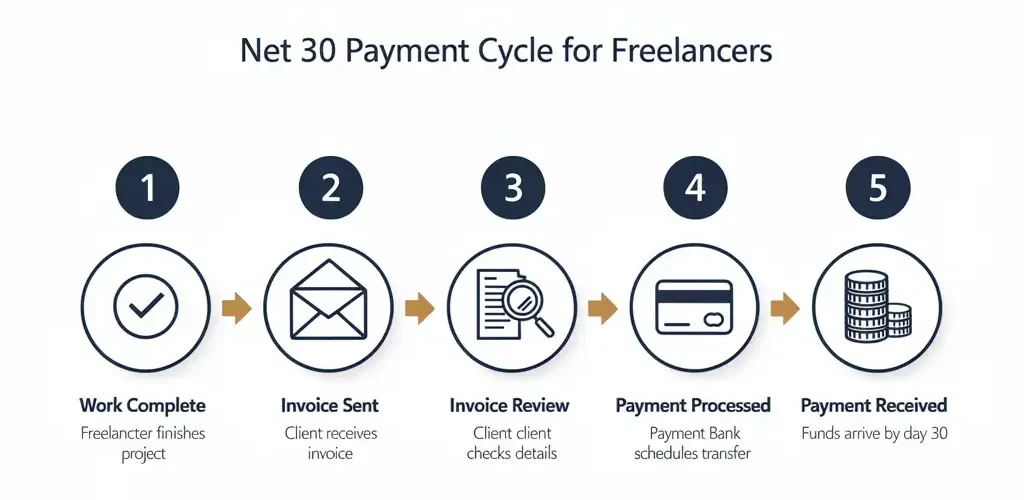 Diagram showing the 5-step net 30 payment process for freelancers from work completion to payment receipt
