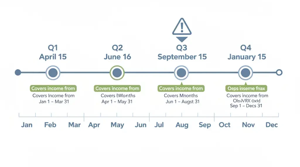 Timeline infographic showing 2026 quarterly tax deadlines: Q1 April 15, Q2 June 16, Q3 September 15, and Q4 January 15 2027 for freelancers