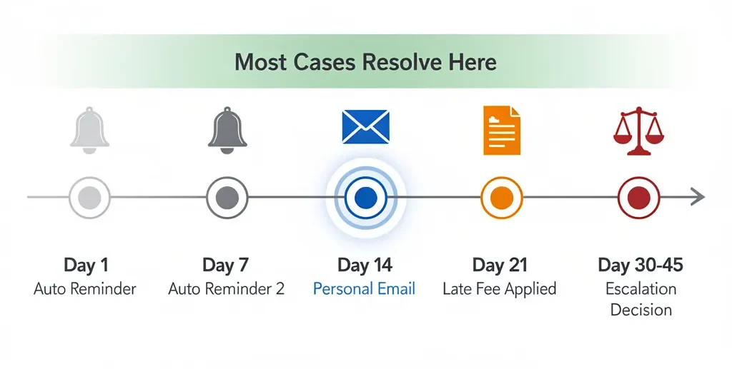 Timeline diagram showing the day-by-day enforcement sequence for a late freelancer invoice from Day 1 automated reminder through Day 45 escalation decision
