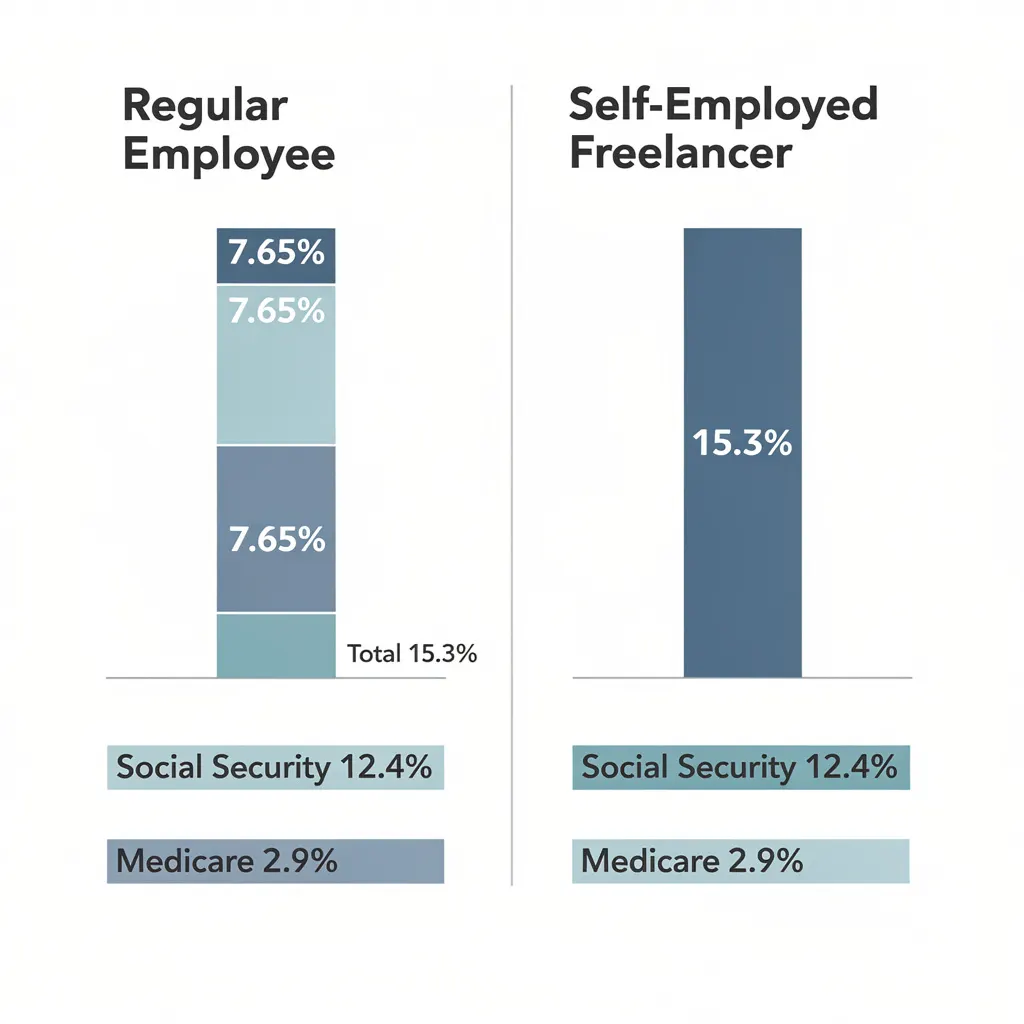 Infographic comparing self-employment tax split showing employees pay 7.65% while freelancers pay the full 15.3% covering Social Security and Medicare