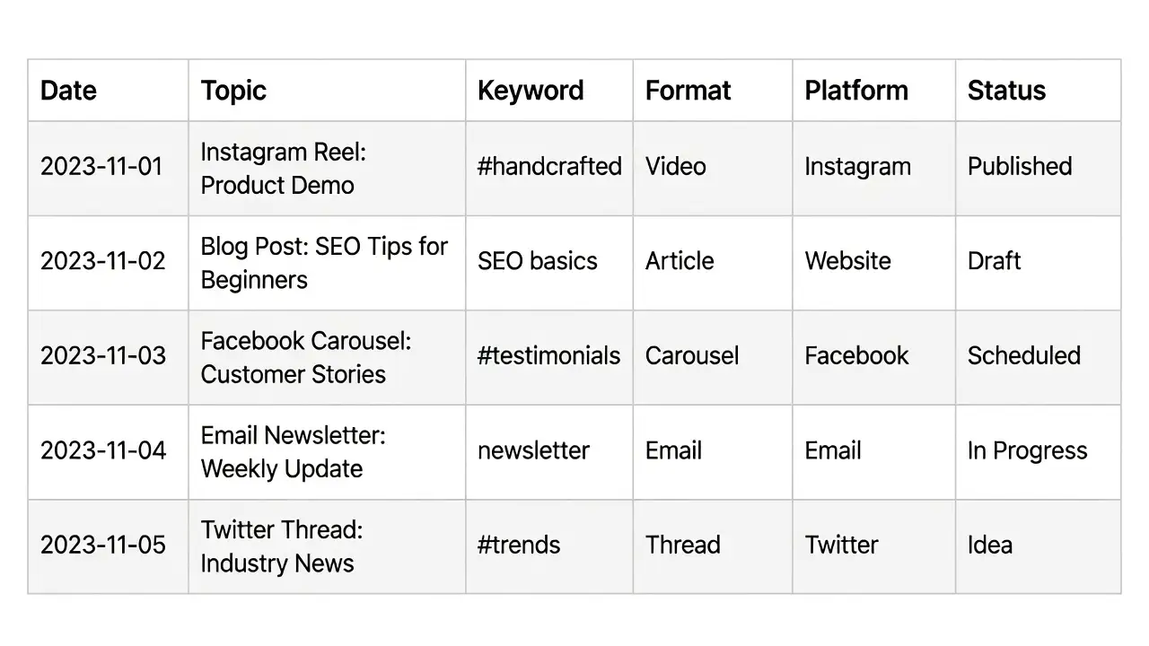 Screenshot of a 30-day content calendar template showing columns for date, topic, target keyword, format, platform, and status.