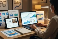 Small business owner working on content marketing strategy with laptop showing growth analytics and content assets content marketing tips for small businesses