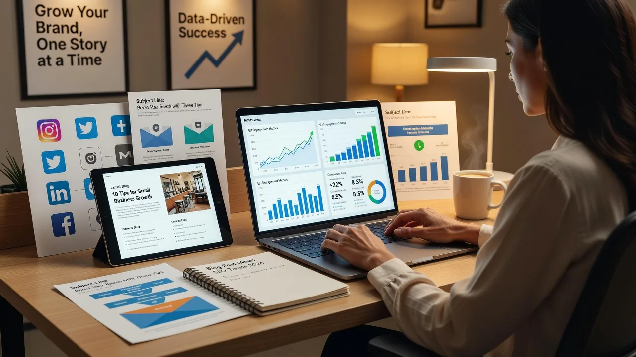 Small Business Content Marketing Strategy Guide Small business owner working on content marketing strategy with laptop showing growth analytics and content assets content marketing tips for small businesses