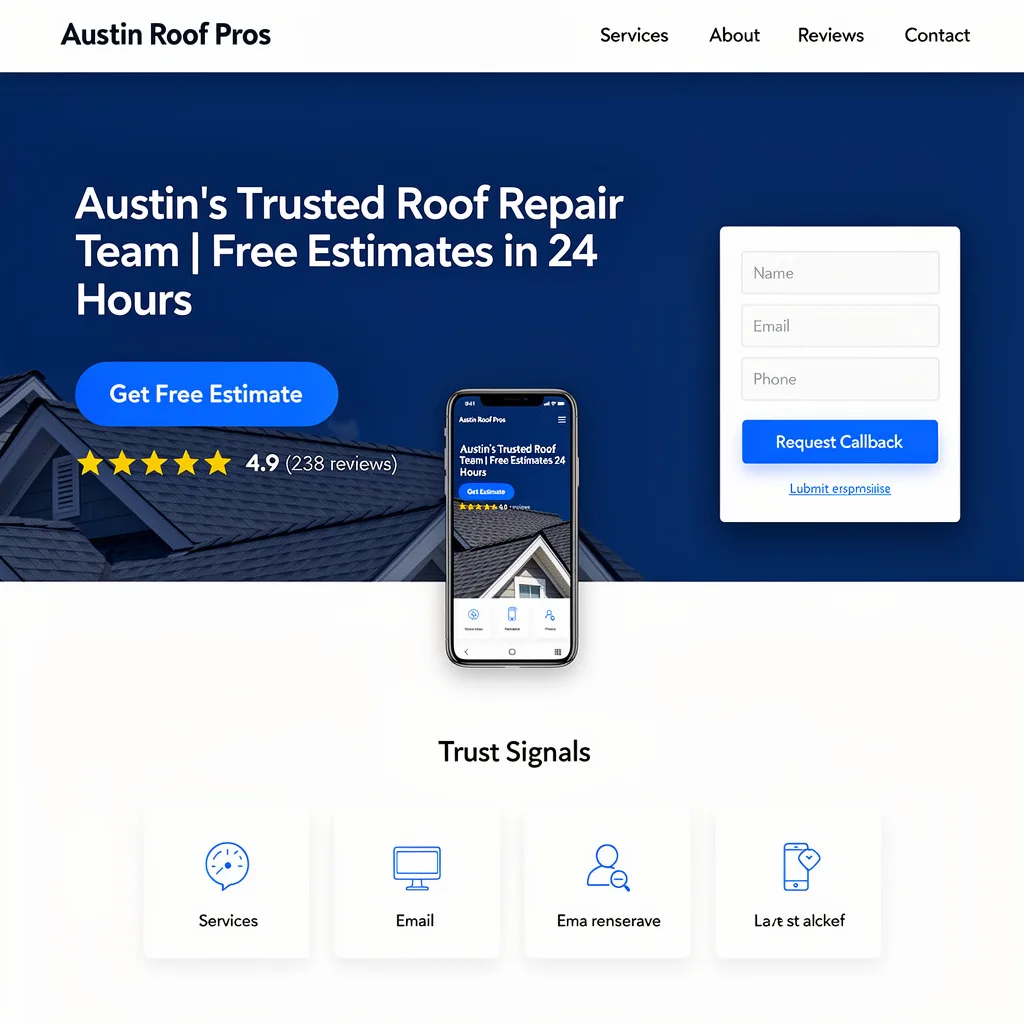 Mockup of a small business website homepage showing five key conversion elements: clear headline, primary CTA, social proof, simple contact form, and mobile-responsive design.