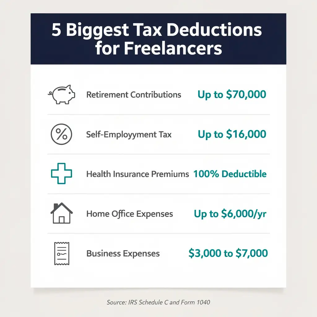 Infographic showing the five highest-value self employment tax deductions for freelancers including retirement contributions up to 70000, QBI deduction, and health insurance premiums
