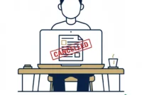 Illustration of a freelancer with a cancelled contract and a protection shield, representing what is a kill fee freelance work
