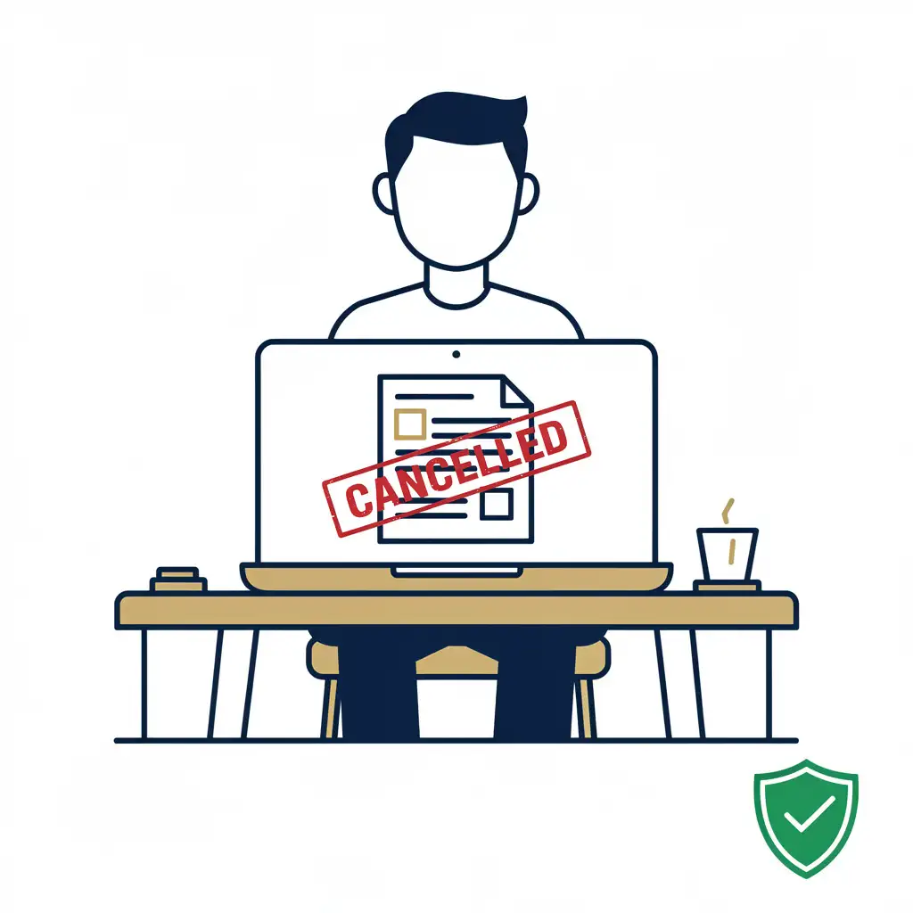 Illustration of a freelancer with a cancelled contract and a protection shield, representing what is a kill fee freelance work