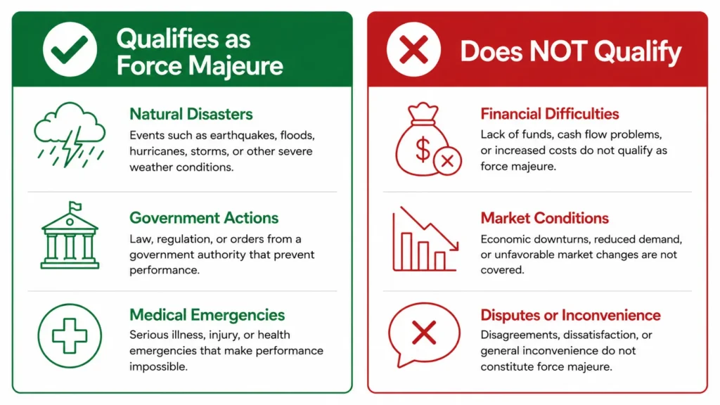 Comparison chart showing which events qualify as force
majeure in a freelance contract such as natural disasters
versus events that do not qualify like loss of investor
funding