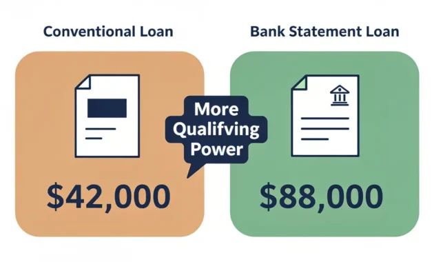 Diagram comparing conventional mortgage qualifying income of $42,000 from tax return versus bank statement loan qualifying income of $88,000 from actual deposits for a freelancer