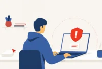 Illustration of a content creator receiving a DMCA copyright infringement alert on a laptop screen