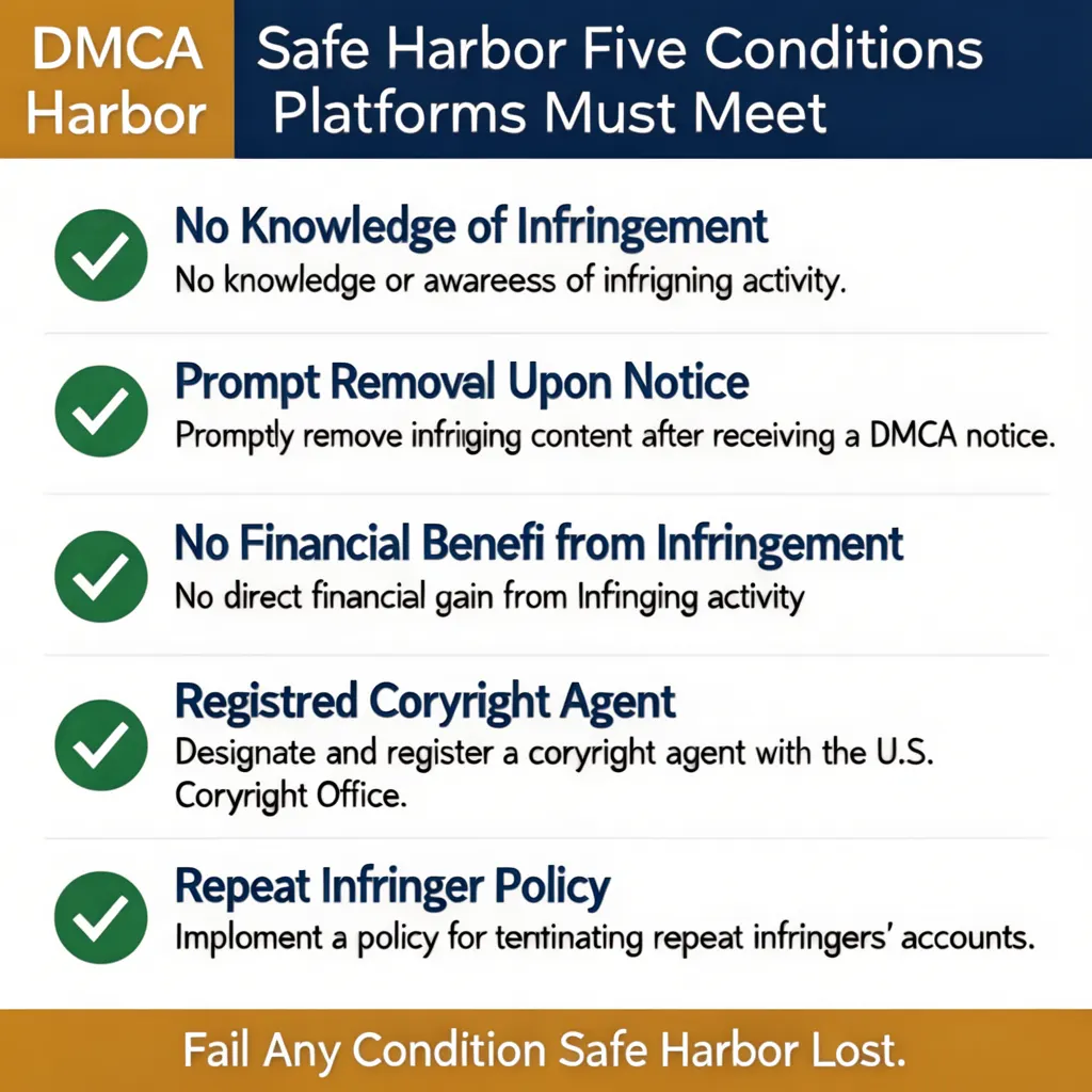 Infographic checklist showing the five DMCA safe harbor conditions online platforms must meet to avoid copyright liability
