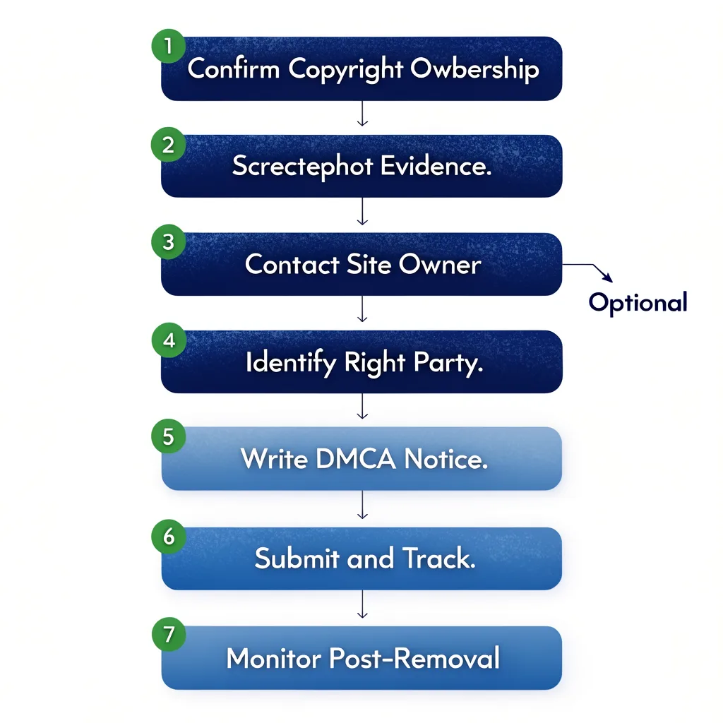 Flowchart showing the 7-step DMCA takedown notice process from confirming copyright ownership to post-removal monitoring