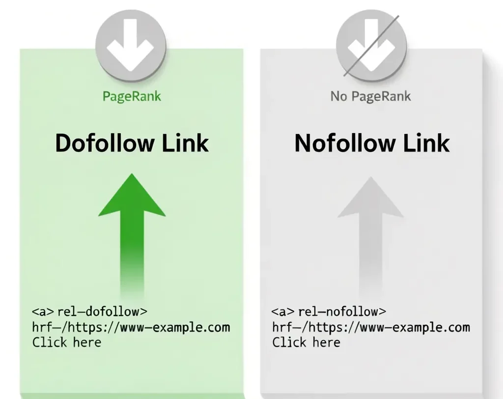 Side-by-side comparison infographic showing the difference between dofollow and nofollow backlinks and their effect on PageRank