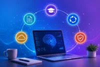 Illustration of freelancer working at desk with AI tools on screen, surrounded by icons representing AI content creation, automation, career development, cybersecurity, and cloud infrastructure