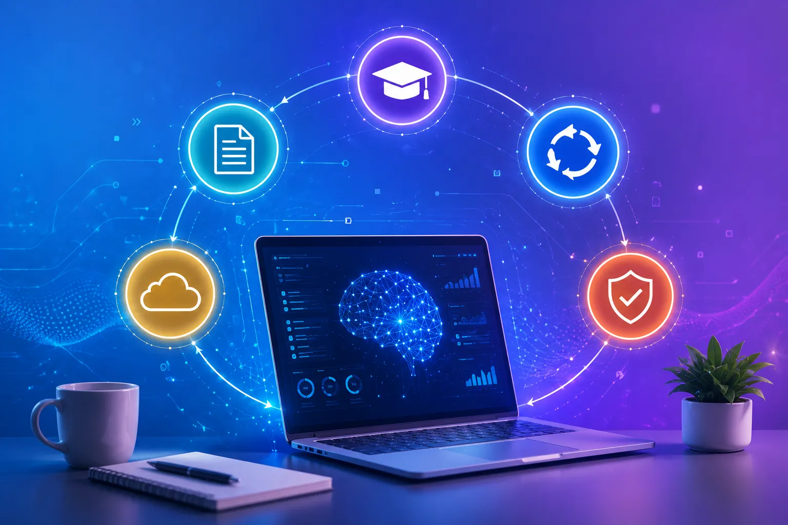 Illustration of freelancer working at desk with AI tools on screen, surrounded by icons representing AI content creation, automation, career development, cybersecurity, and cloud infrastructure