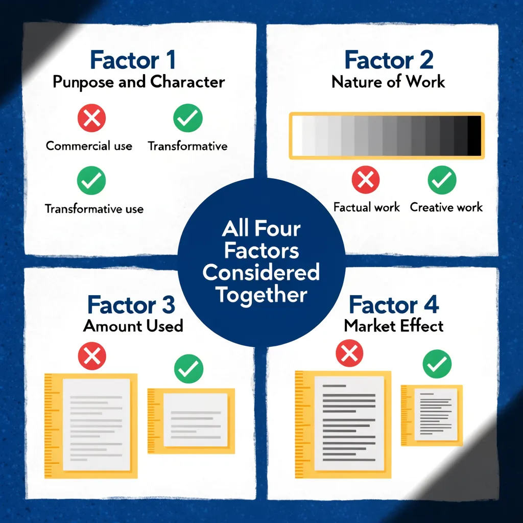 Four-quadrant diagram illustrating the four-factor fair use test used in DMCA copyright infringement defenses