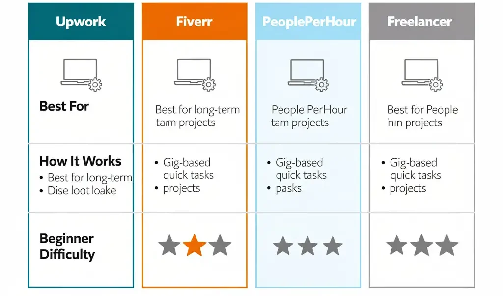 Comparison chart of four freelance platforms — Upwork, Fiverr, PeoplePerHour, and Freelancer.com — showing best use case and beginner difficulty level