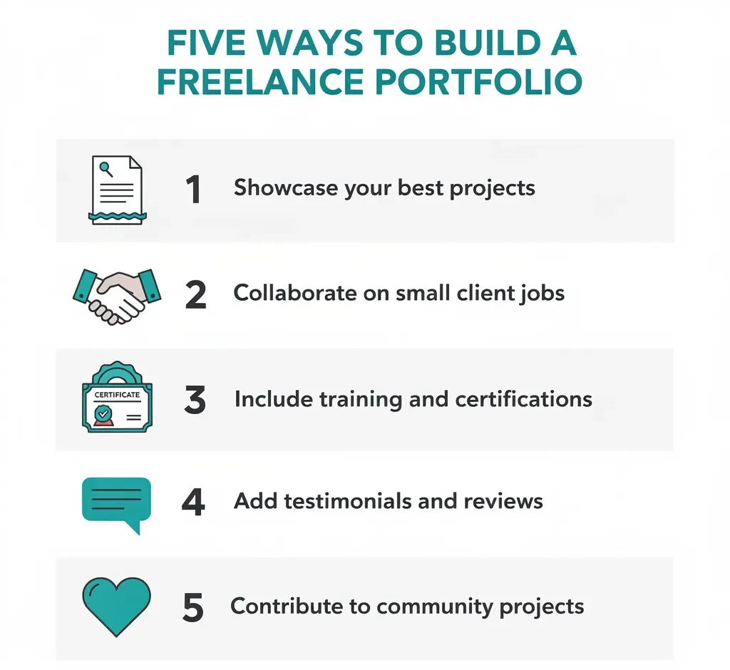 Infographic checklist showing five methods to build a freelance portfolio with no paying clients, including sample projects, free work, and certifications