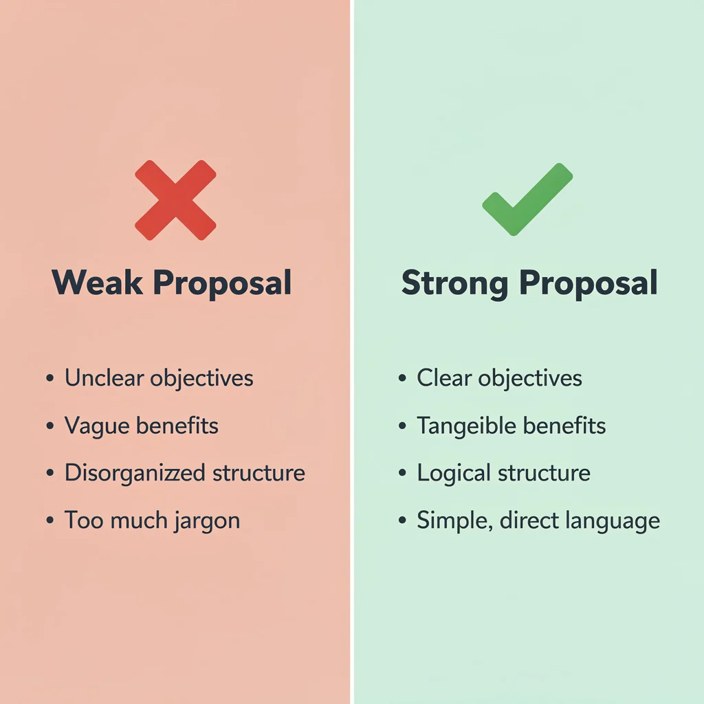 Before and after comparison graphic showing the difference between a weak generic freelance proposal and a strong personalized proposal that wins clients